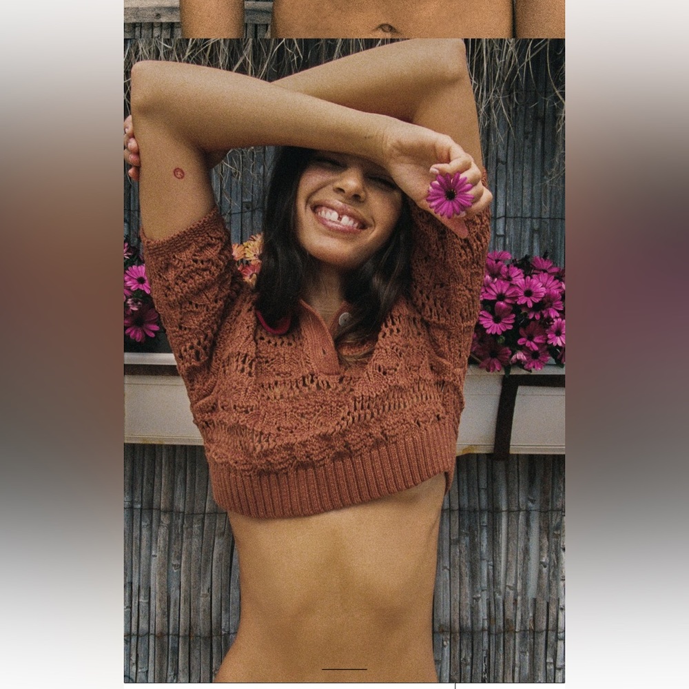 ZARA POINTELLE KNIT CROP TOP SZ S